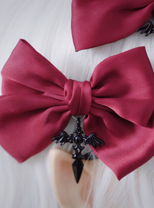 Elegant Wine Red Satin Bowknot Daily Simple Cross Decoration Gothic Lolita Hair Clips