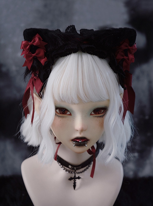 Black Red Gothic Style Plush Cat Ears Bowknot Decorated Lace Elegant Gothic Lolita Headband