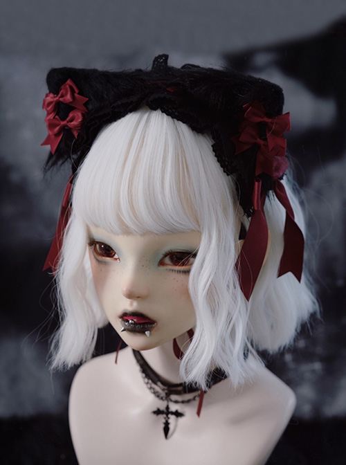 Black Red Gothic Style Plush Cat Ears Bowknot Decorated Lace Elegant Gothic Lolita Headband