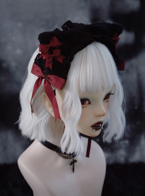 Black Red Gothic Style Plush Cat Ears Bowknot Decorated Lace Elegant Gothic Lolita Headband