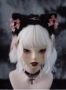 Sweet Pink Ribbon Bowknot Decorate Black Plush Cat Ear Lace Sweet Lolita Headband