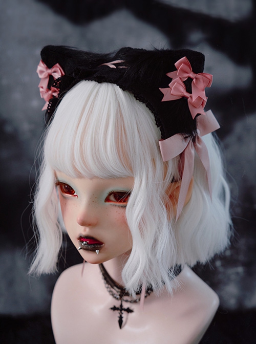 Sweet Pink Ribbon Bowknot Decorate Black Plush Cat Ear Lace Sweet Lolita Headband