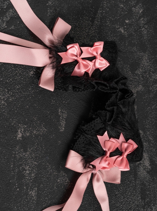 Sweet Pink Ribbon Bowknot Decorate Black Plush Cat Ear Lace Sweet Lolita Headband