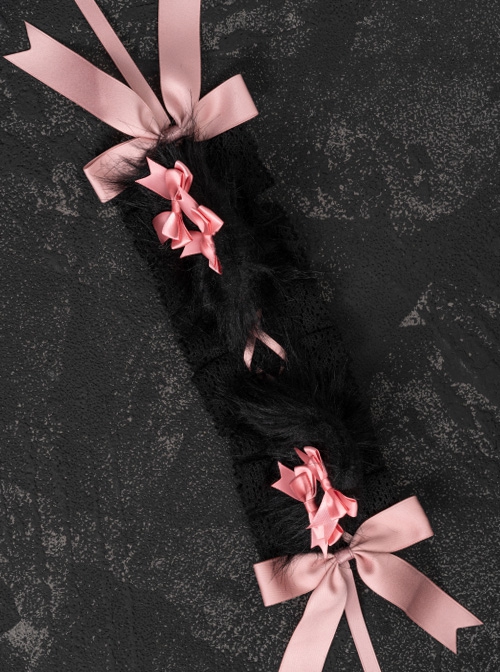 Sweet Pink Ribbon Bowknot Decorate Black Plush Cat Ear Lace Sweet Lolita Headband