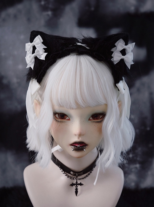 Gothic Style Simple Black White Plush Cat Ears Lace Bowknot Gothic Lolita Headband