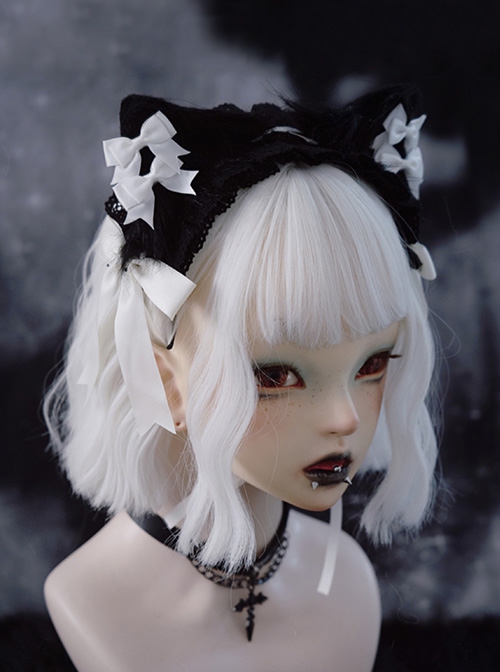 Gothic Style Simple Black White Plush Cat Ears Lace Bowknot Gothic Lolita Headband