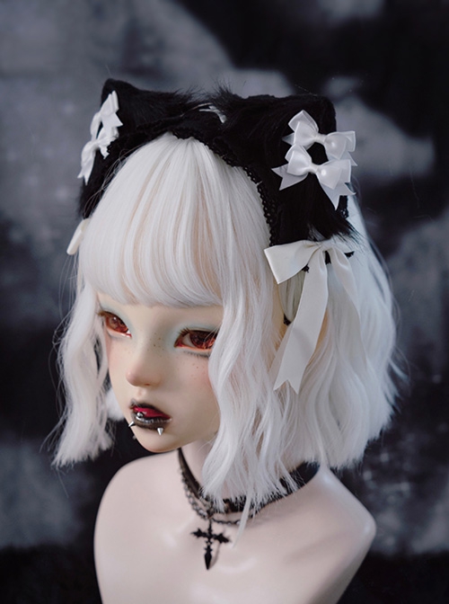 Gothic Style Simple Black White Plush Cat Ears Lace Bowknot Gothic Lolita Headband