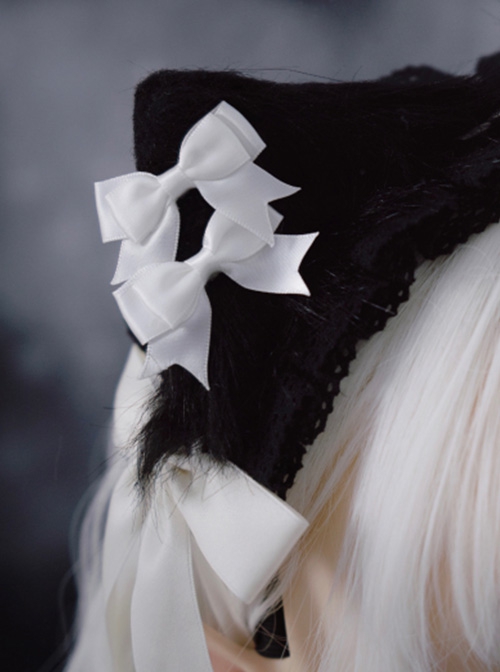 Gothic Style Simple Black White Plush Cat Ears Lace Bowknot Gothic Lolita Headband