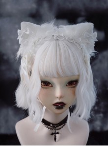 Pure White Lace Bowknot Decorated Plush Cat Ears Elegant Gothic Lolita Headband