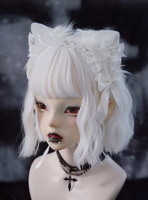 Pure White Lace Bowknot Decorated Plush Cat Ears Elegant Gothic Lolita Headband