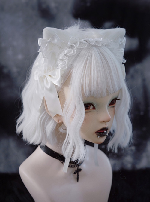Pure White Lace Bowknot Decorated Plush Cat Ears Elegant Gothic Lolita Headband