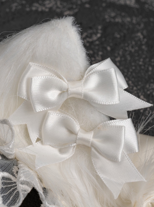 Pure White Lace Bowknot Decorated Plush Cat Ears Elegant Gothic Lolita Headband