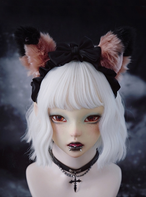 Handwork Plush Fox Ears Black-Pink Color Contrast Ribbon Bowknot Decoration Gothic Lolita Headband