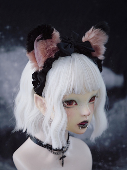 Handwork Plush Fox Ears Black-Pink Color Contrast Ribbon Bowknot Decoration Gothic Lolita Headband