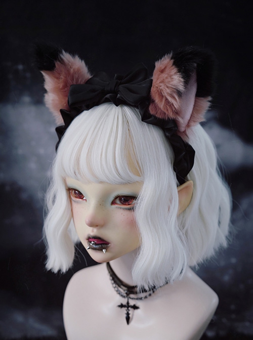 Handwork Plush Fox Ears Black-Pink Color Contrast Ribbon Bowknot Decoration Gothic Lolita Headband