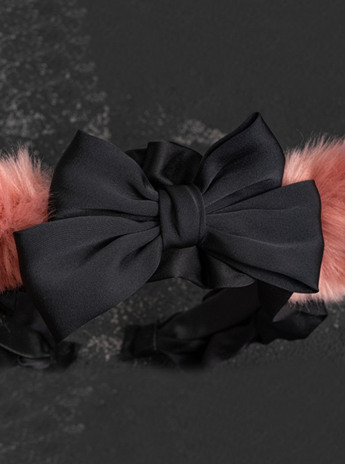 Handwork Plush Fox Ears Black-Pink Color Contrast Ribbon Bowknot Decoration Gothic Lolita Headband