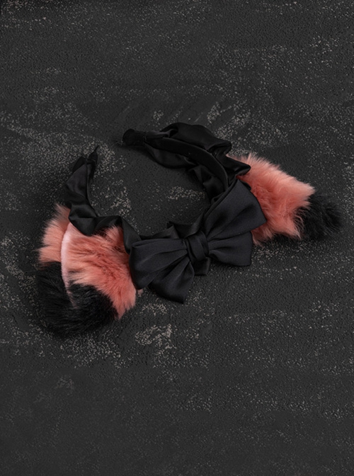 Handwork Plush Fox Ears Black-Pink Color Contrast Ribbon Bowknot Decoration Gothic Lolita Headband