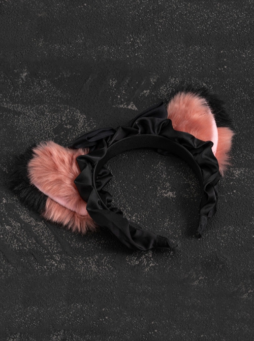 Handwork Plush Fox Ears Black-Pink Color Contrast Ribbon Bowknot Decoration Gothic Lolita Headband