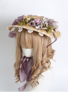 Hand-Made Three-Dimensional Rose Decoration Bowknot Lace Big Wide Brim Sunshade Straw Hat Sweet Lolita Hat