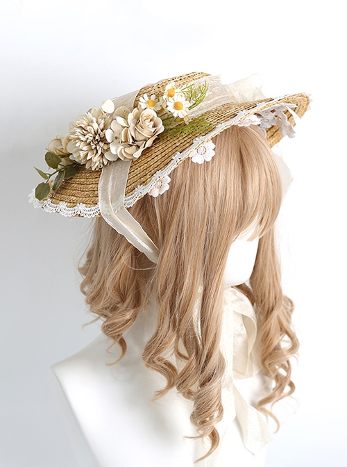 Hand-Made Three-Dimensional Rose Decoration Bowknot Lace Big Wide Brim Sunshade Straw Hat Sweet Lolita Hat