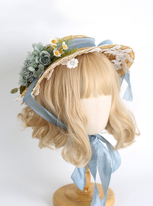 Hand-Made Three-Dimensional Rose Decoration Bowknot Lace Big Wide Brim Sunshade Straw Hat Sweet Lolita Hat