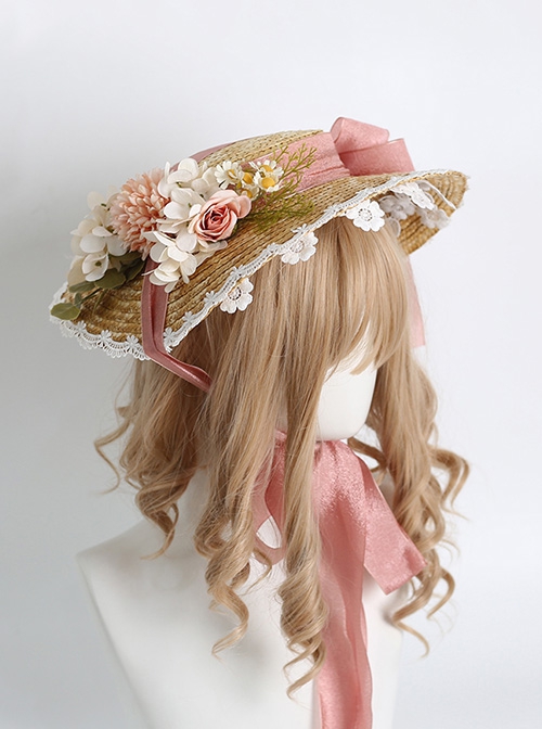 Hand-Made Three-Dimensional Rose Decoration Bowknot Lace Big Wide Brim Sunshade Straw Hat Sweet Lolita Hat