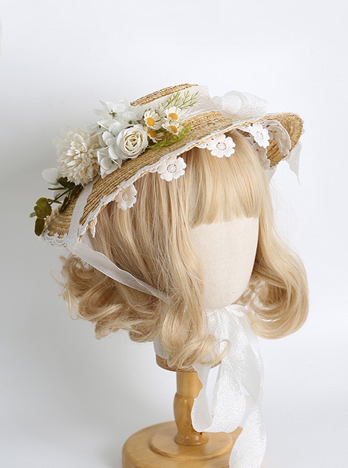 Hand-Made Three-Dimensional Rose Decoration Bowknot Lace Big Wide Brim Sunshade Straw Hat Sweet Lolita Hat