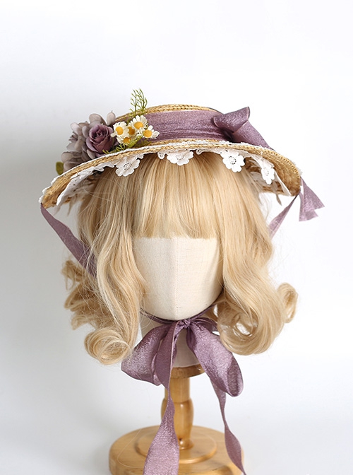 Hand-Made Three-Dimensional Rose Decoration Bowknot Lace Big Wide Brim Sunshade Straw Hat Sweet Lolita Hat