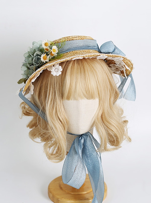Hand-Made Three-Dimensional Rose Decoration Bowknot Lace Big Wide Brim Sunshade Straw Hat Sweet Lolita Hat