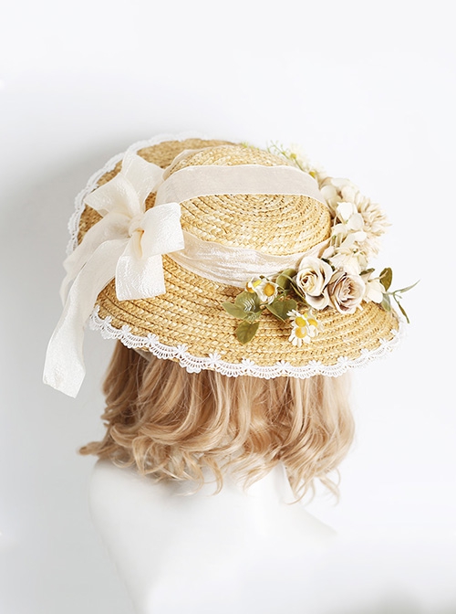 Hand-Made Three-Dimensional Rose Decoration Bowknot Lace Big Wide Brim Sunshade Straw Hat Sweet Lolita Hat