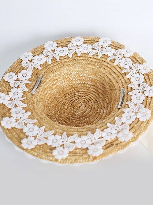 Hand-Made Three-Dimensional Rose Decoration Bowknot Lace Big Wide Brim Sunshade Straw Hat Sweet Lolita Hat