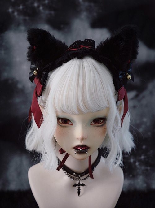 Cute Black Plush Fox Ears Bowknot Bell Decoration Gothic Lolita Lace Headband