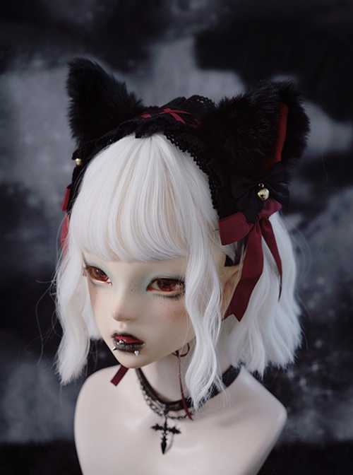 Cute Black Plush Fox Ears Bowknot Bell Decoration Gothic Lolita Lace Headband