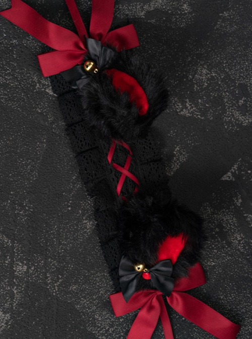 Cute Black Plush Fox Ears Bowknot Bell Decoration Gothic Lolita Lace Headband