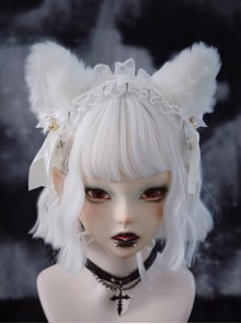 White Elegant Lace Cute Plush Fox Ears Bell Decoration Design Gothic Lolita Headband