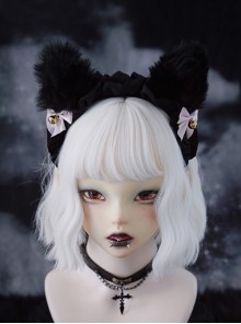 Pink Bowknot Bell Decorate Black Plush Fox Ears Gothic Lolita Headband