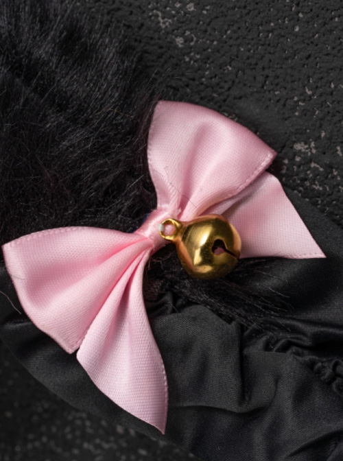 Pink Bowknot Bell Decorate Black Plush Fox Ears Gothic Lolita Headband