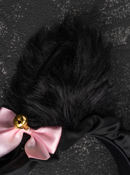 Pink Bowknot Bell Decorate Black Plush Fox Ears Gothic Lolita Headband