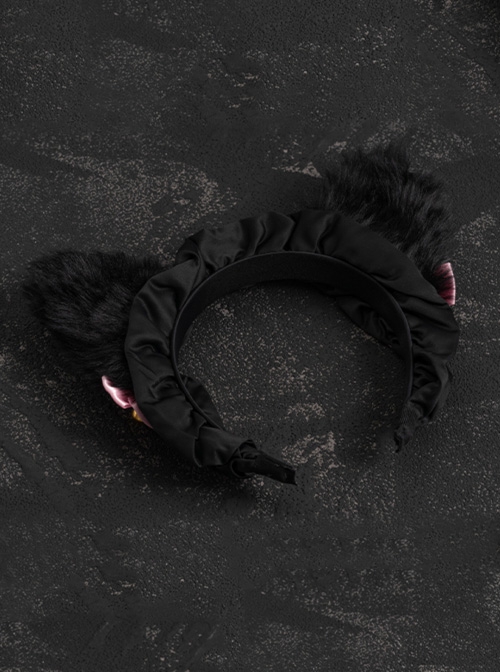 Pink Bowknot Bell Decorate Black Plush Fox Ears Gothic Lolita Headband