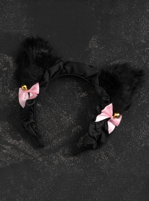 Pink Bowknot Bell Decorate Black Plush Fox Ears Gothic Lolita Headband
