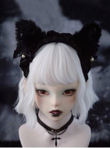 Daily Simple Pure Black Cute Plush Fox Ears Handwork Bowknot Bell Gothic Lolita Headband