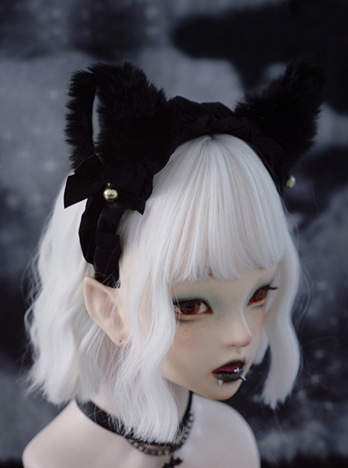 Daily Simple Pure Black Cute Plush Fox Ears Handwork Bowknot Bell Gothic Lolita Headband