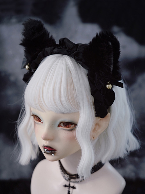 Daily Simple Pure Black Cute Plush Fox Ears Handwork Bowknot Bell Gothic Lolita Headband