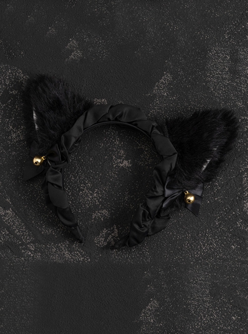 Daily Simple Pure Black Cute Plush Fox Ears Handwork Bowknot Bell Gothic Lolita Headband