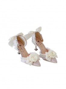 Sweet Elegant Camellia Flower Bowknot Lace Pearl Decorate Pointed Toe Stiletto Pumps Classic Lolita Shoes