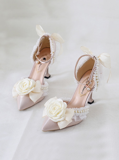 Sweet Elegant Camellia Flower Bowknot Lace Pearl Decorate Pointed Toe Stiletto Pumps Classic Lolita Shoes