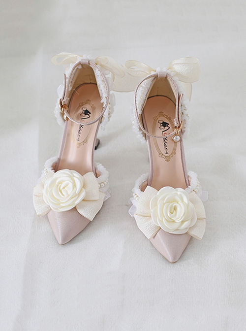Sweet Elegant Camellia Flower Bowknot Lace Pearl Decorate Pointed Toe Stiletto Pumps Classic Lolita Shoes
