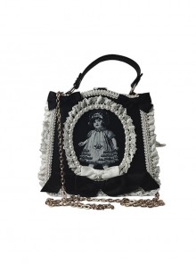 Gothic Black-White Antique Doll Newspaper Print Pearl Lace Decorate Gothic Lolita Shoulder Portable Bag