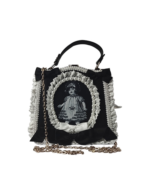 Gothic Black-White Antique Doll Newspaper Print Pearl Lace Decorate Gothic Lolita Shoulder Portable Bag