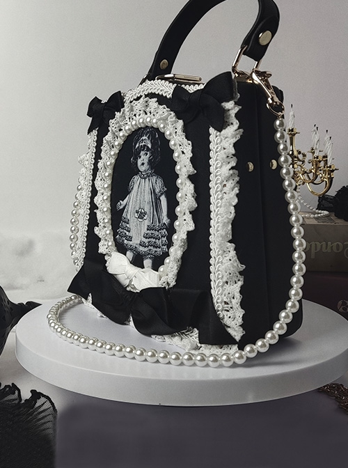 Gothic Black-White Antique Doll Newspaper Print Pearl Lace Decorate Gothic Lolita Shoulder Portable Bag